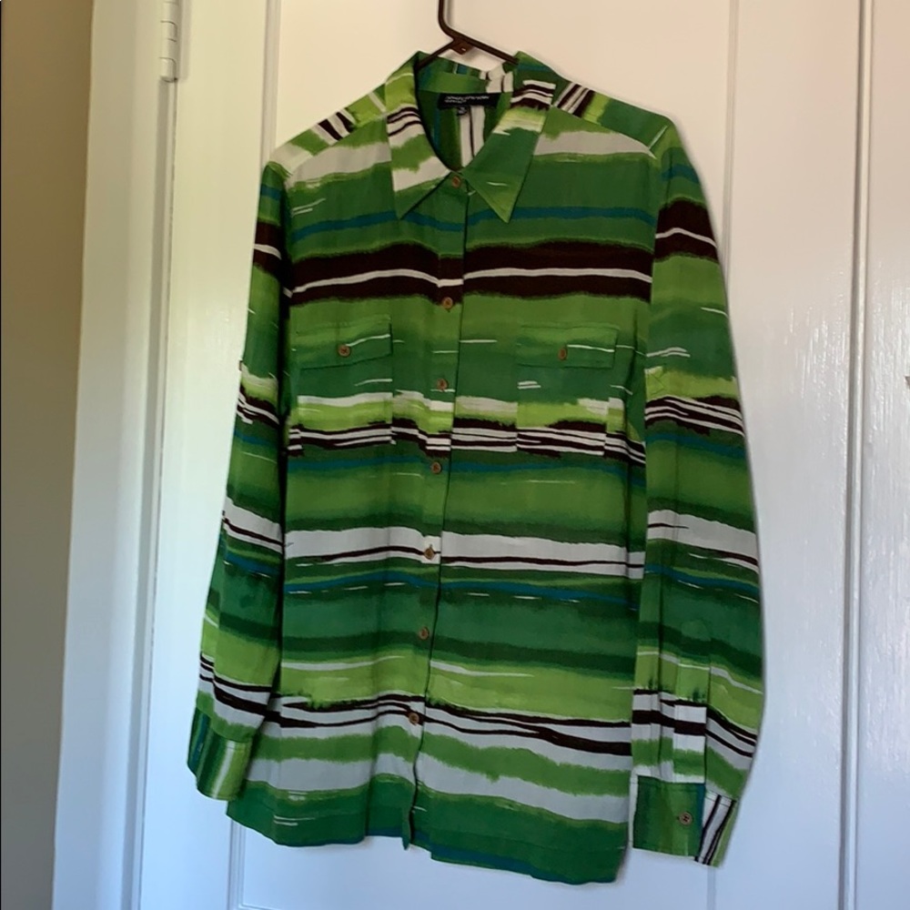Jones New York Green Brown Watercolor Stripe Button Up Top Size: XL